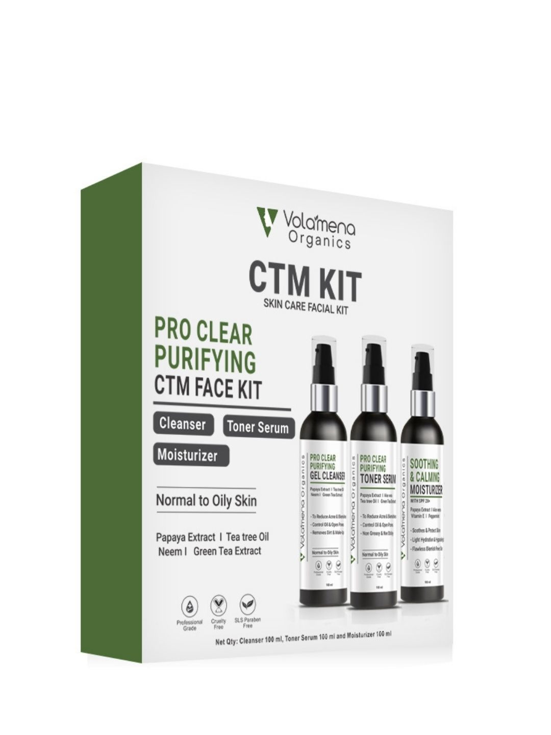 

Volamena Pro Clear Purifying Cleanser Toner Serum Moisrurizer CTM Kit-100ml Each, Transparent