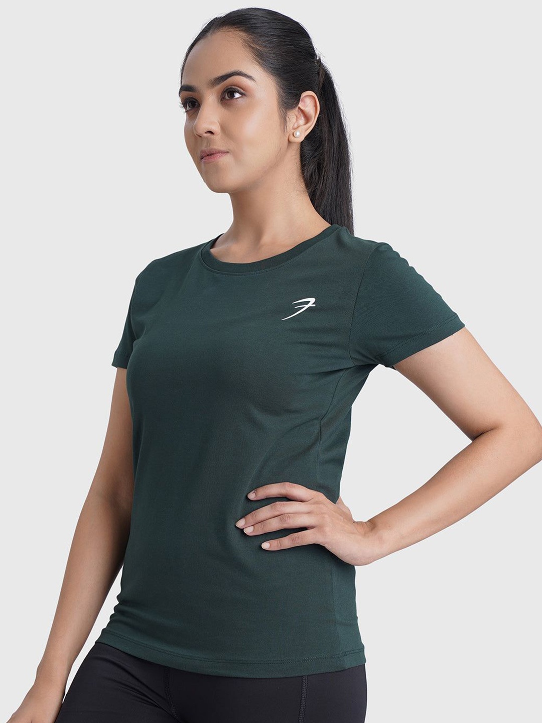 

FUAARK Women Stretchex Solid Round Neck Cotton Slim Fit T-shirt, Green