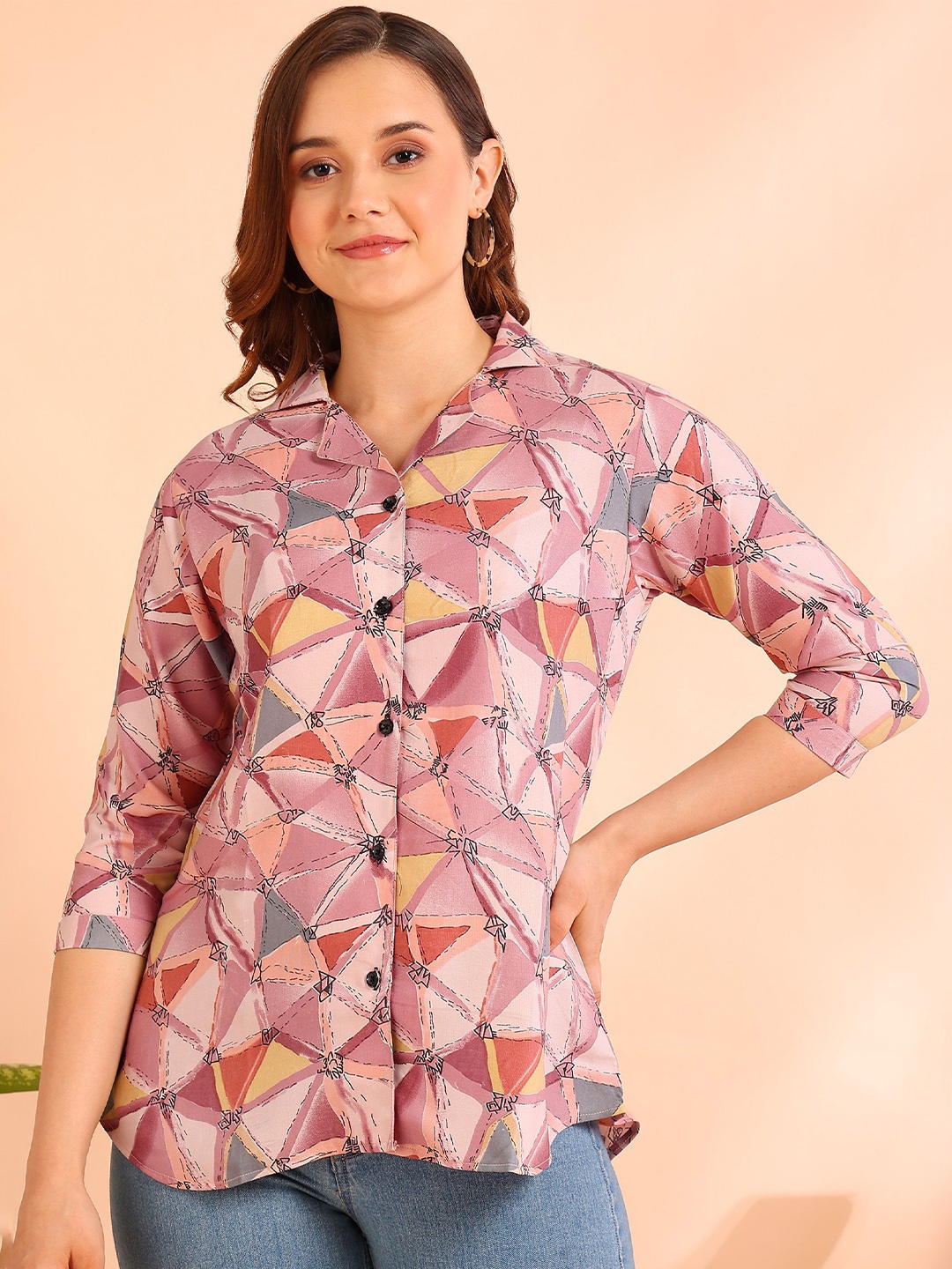 

HIVA TRENDZ Women Classic Cuban Collar Geometric Printed Casual Shirt, Peach