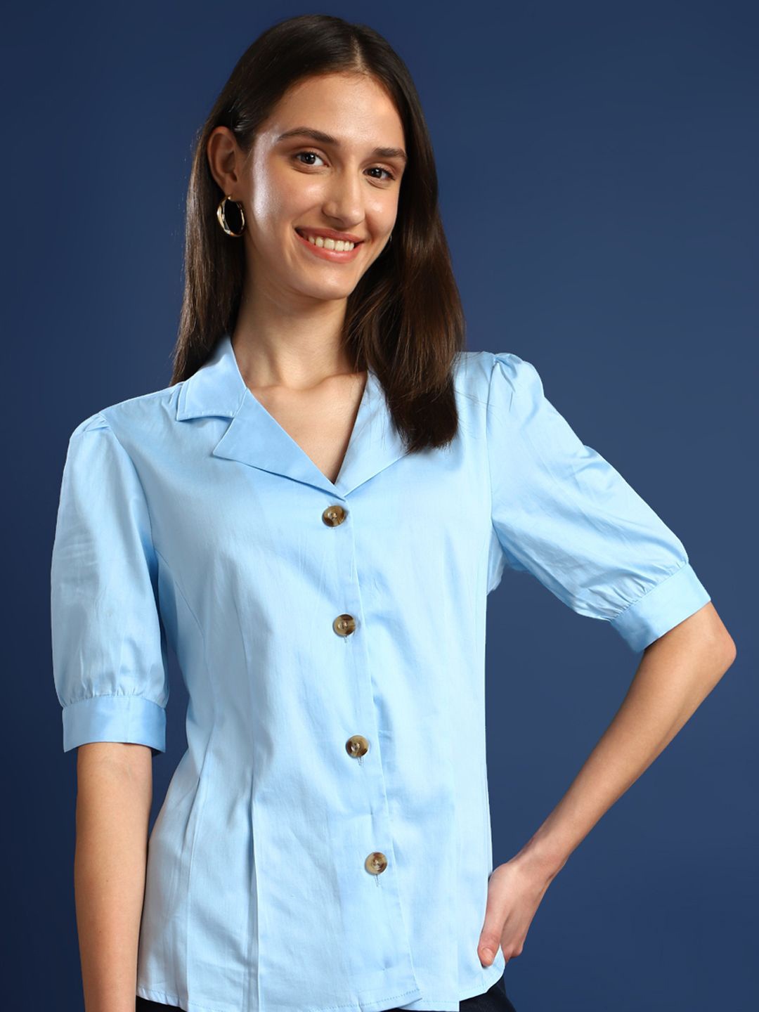 

Hancock Women Classic Cuban Collar Solid Cotton Formal Shirt, Blue