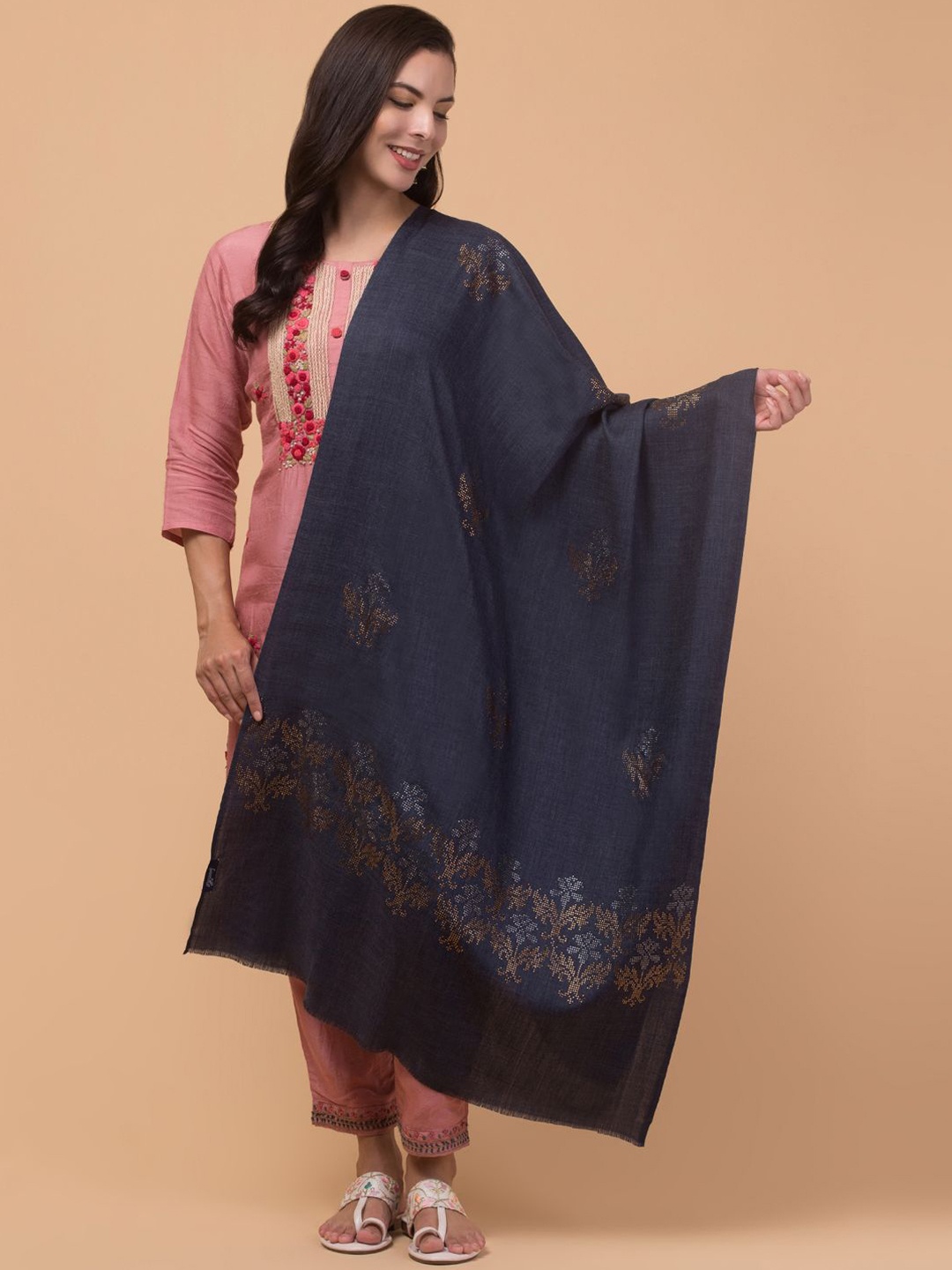 

Tweedle Floral Woven Design Beads and Stones Woollen Shawl, Navy blue