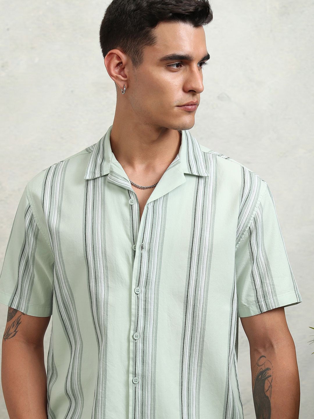 

HIGHLANDER Men Dobby Textured Striped Cuban Collar Relaxed Shirt, Green