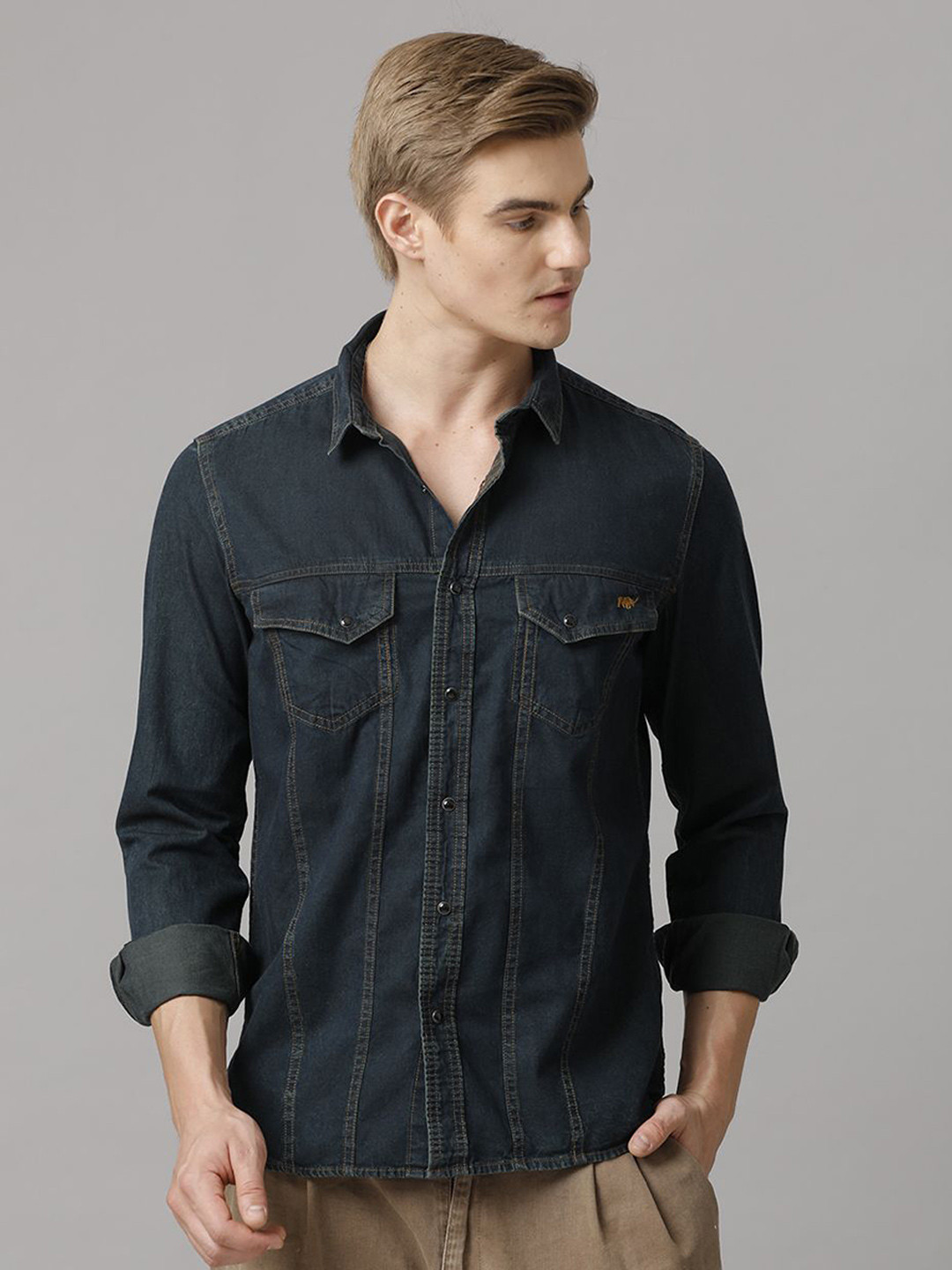 

TEMPLE OF DENIM Men India Slim Spread Collar Solid Denim Casual Shirt, Navy blue