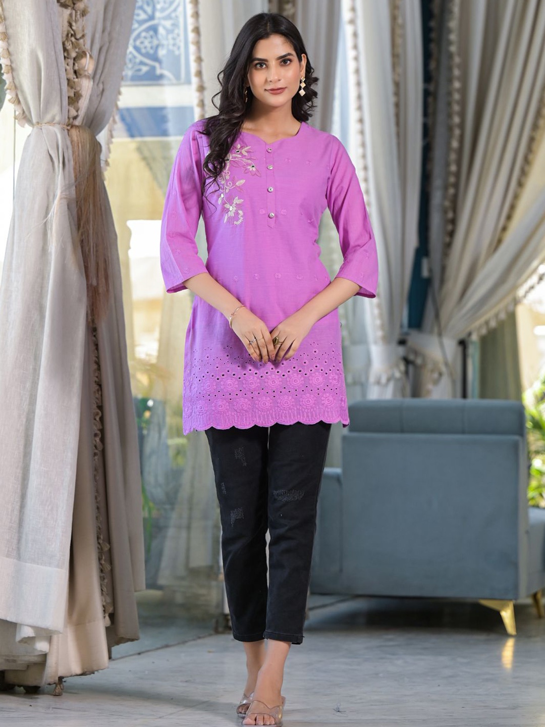 

Readiprint Women Embroidered Thread Work Pure Cotton Straight Kurti, Purple