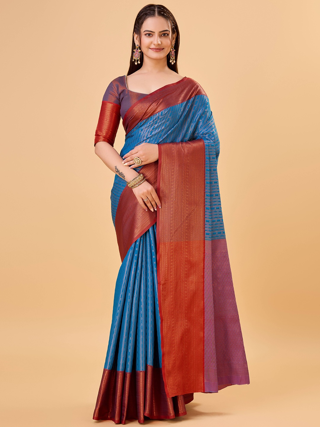 

Kriyansh Woven Design Zari Silk Blend Banarasi Saree, Turquoise blue