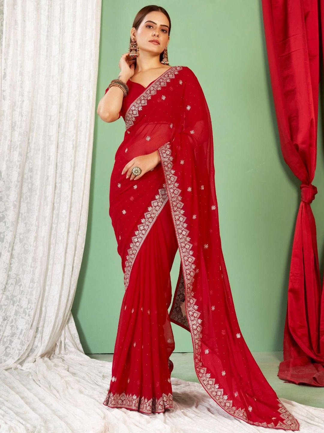 

Kalista Embellished Beads and Stones Pure Georgette Saree, Red