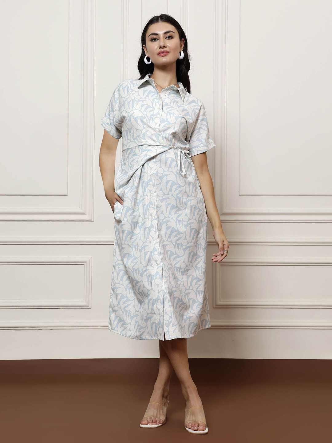 

Athena Women Floral Print Linen Shirt Midi Dress, White