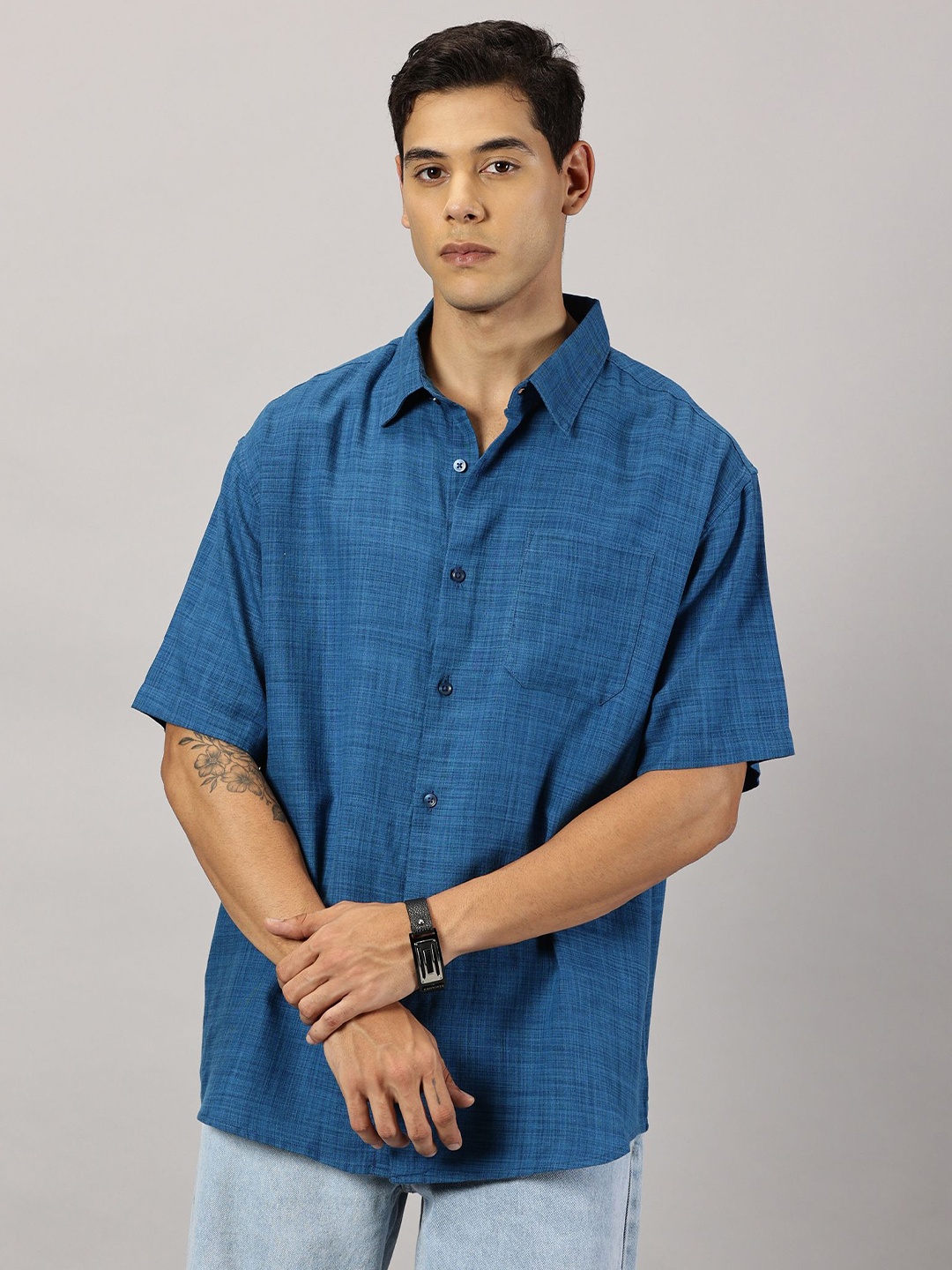 

THIRD QUADRANT Men Relaxed Fit Cotton Oversized Casual Shirt, Blue