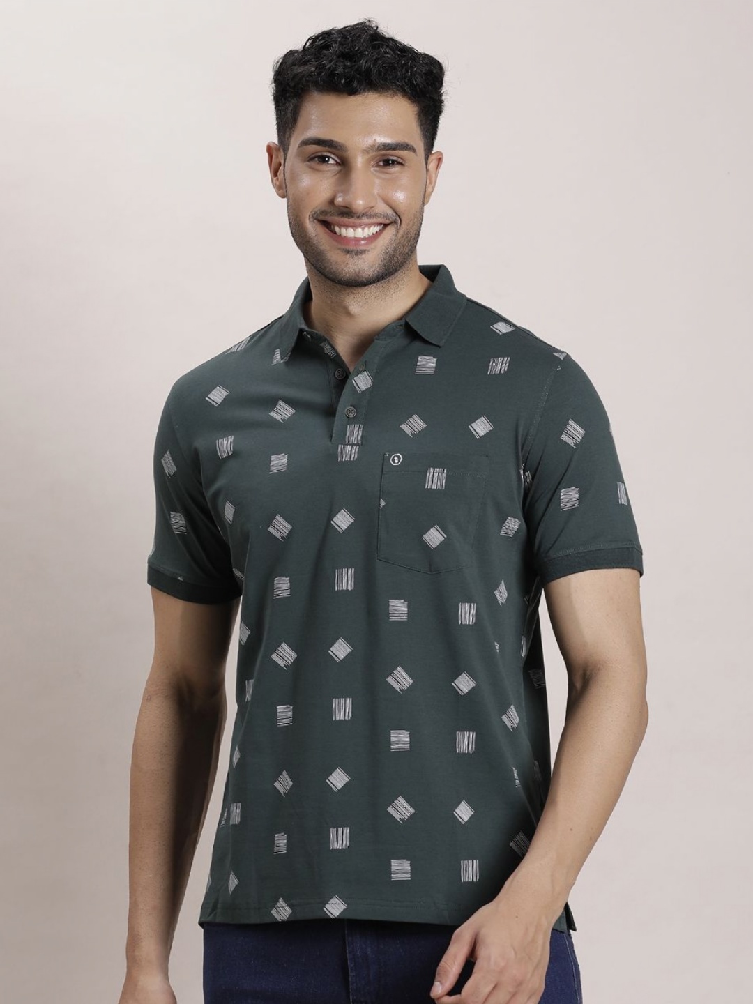 

Turtle Men Geometric Printed Polo Collar Cotton Slim Fit T-shirt, Green