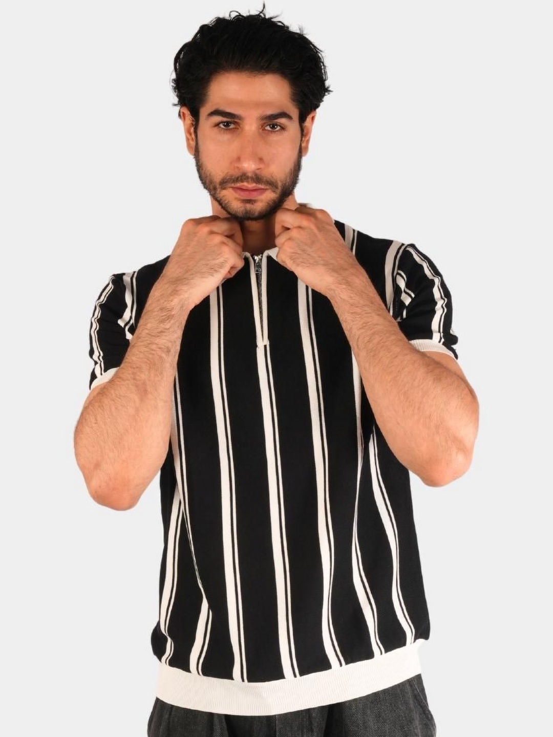 

BOTABOCHI Men Striped Polo Collar Cotton T-shirt, Black