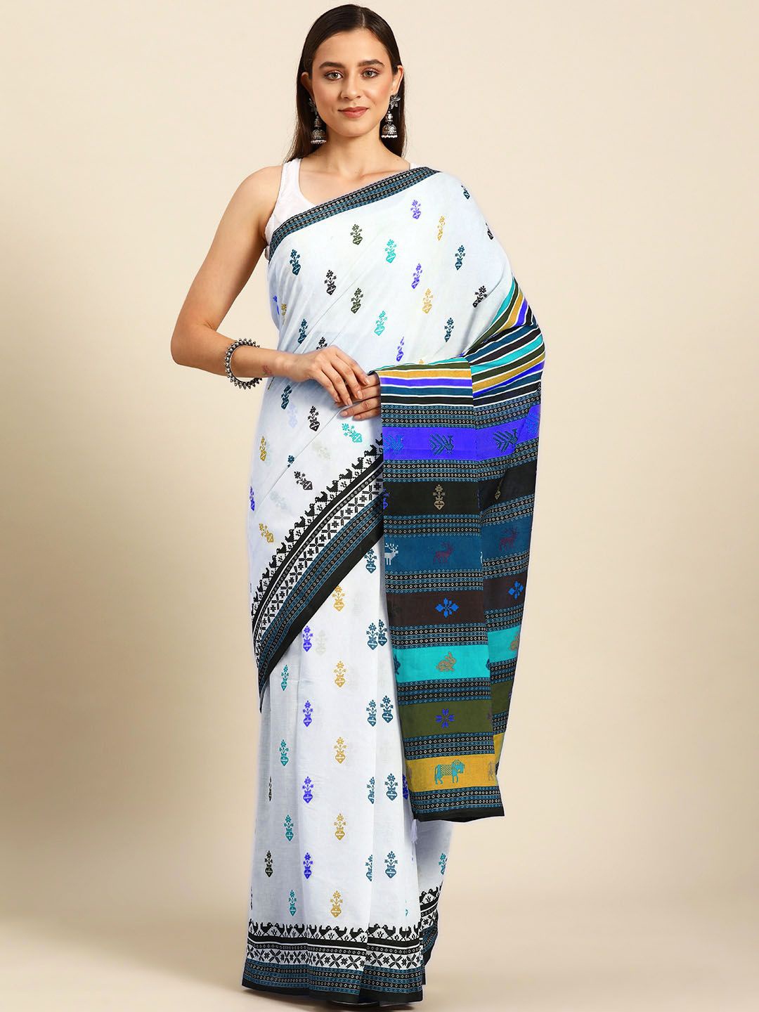 

BUTA BUTI Abstract Printed Pure Cotton Saree, White