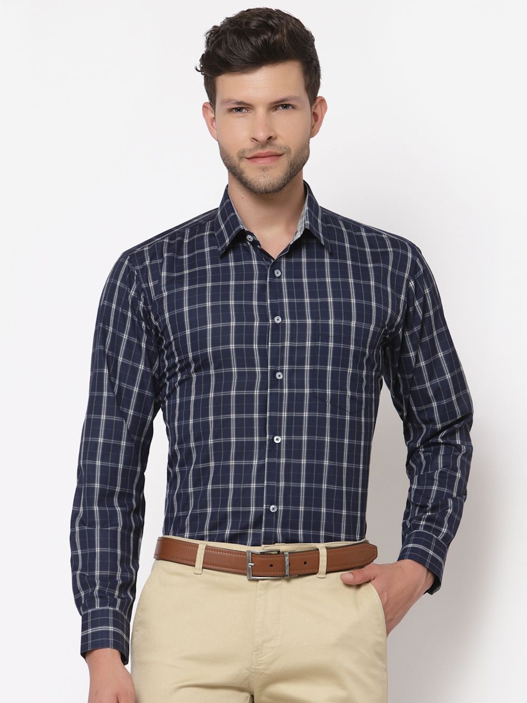 

ASCIIBLUES Men Spread Collar Tartan Checked Cotton Casual Shirt, Navy blue