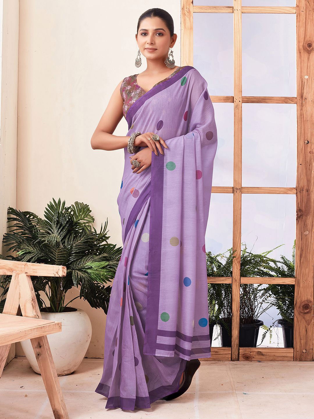 

Mitera Polka Dot Pure Cotton Ready to Wear Ikat Saree, Purple