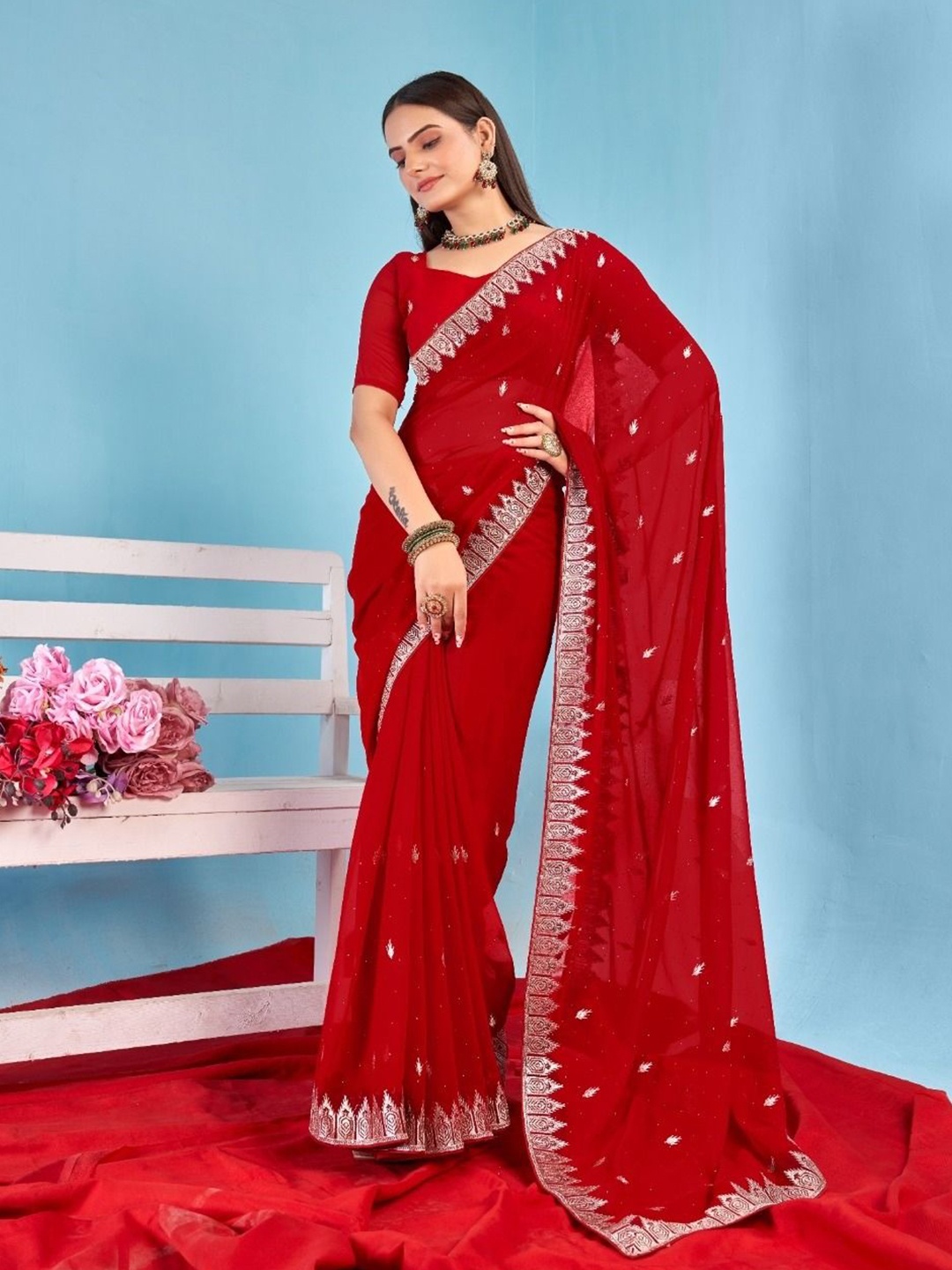 

Kalista Ethnic Motifs Embellished Pure Georgette Saree, Red