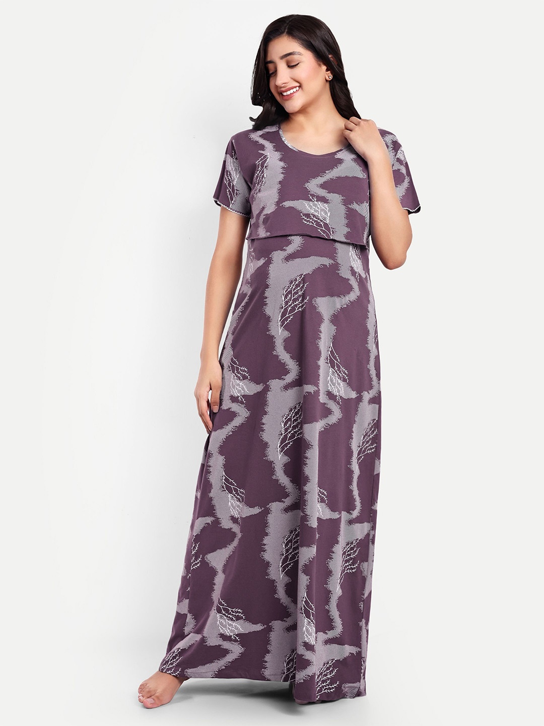 

THE MAMA KLUB Women Abstract Printed Maternity Maxi Nightdress, Camel brown