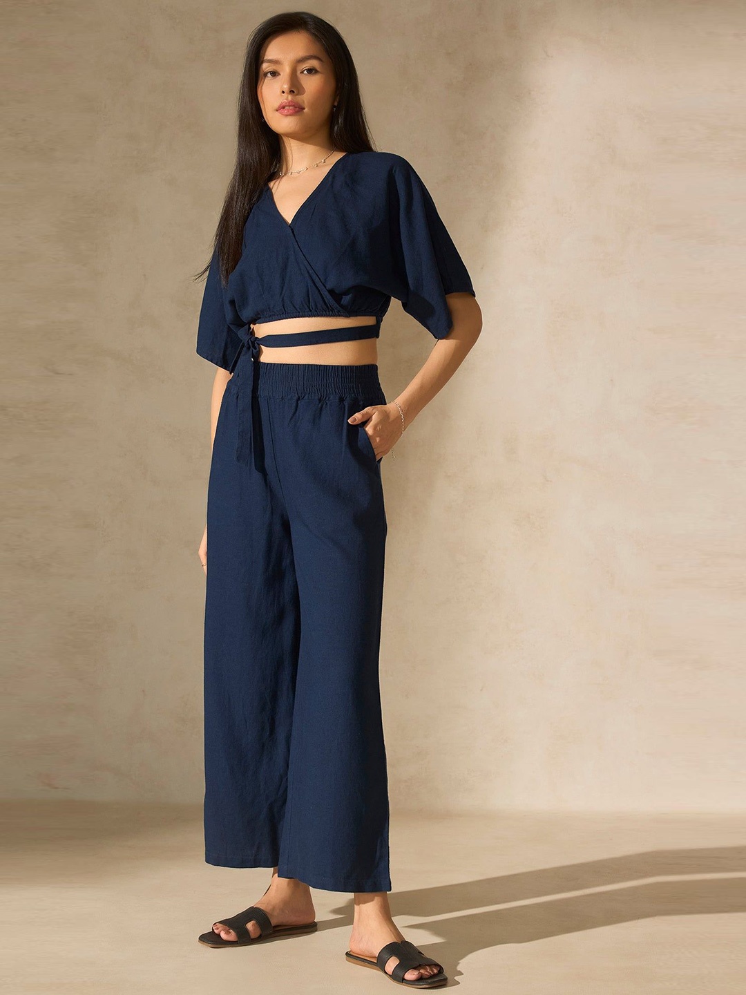 

Virgio Flared Sleeves Wrap Crop Top With Trousers, Navy blue