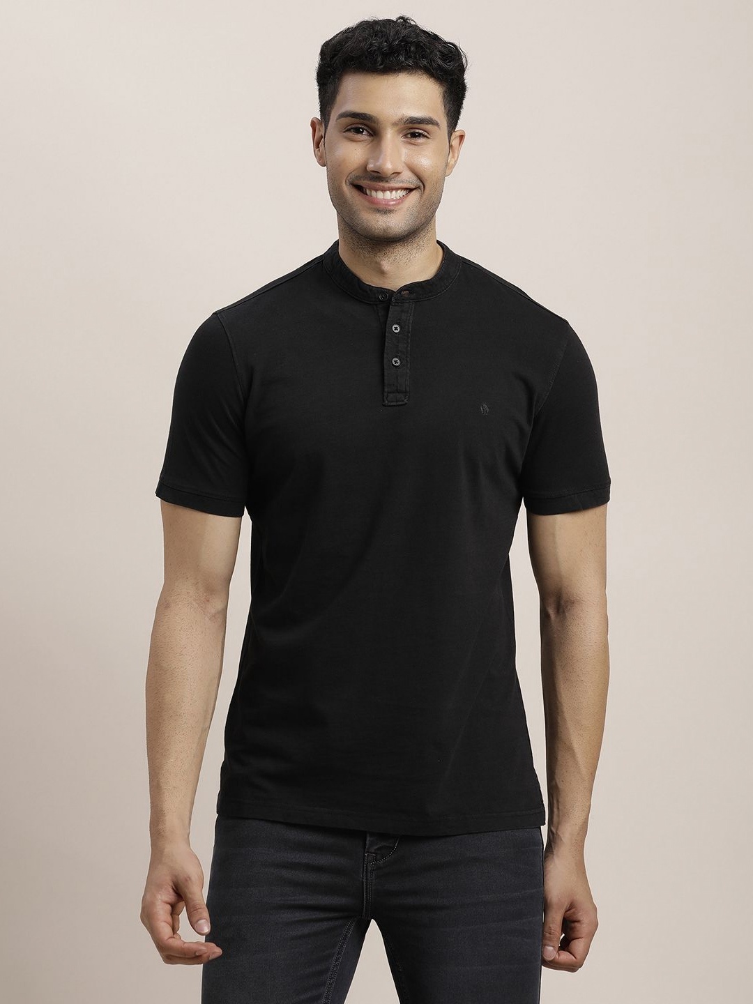 

Turtle Men Solid Henley Neck Cotton Slim Fit T-shirt, Black