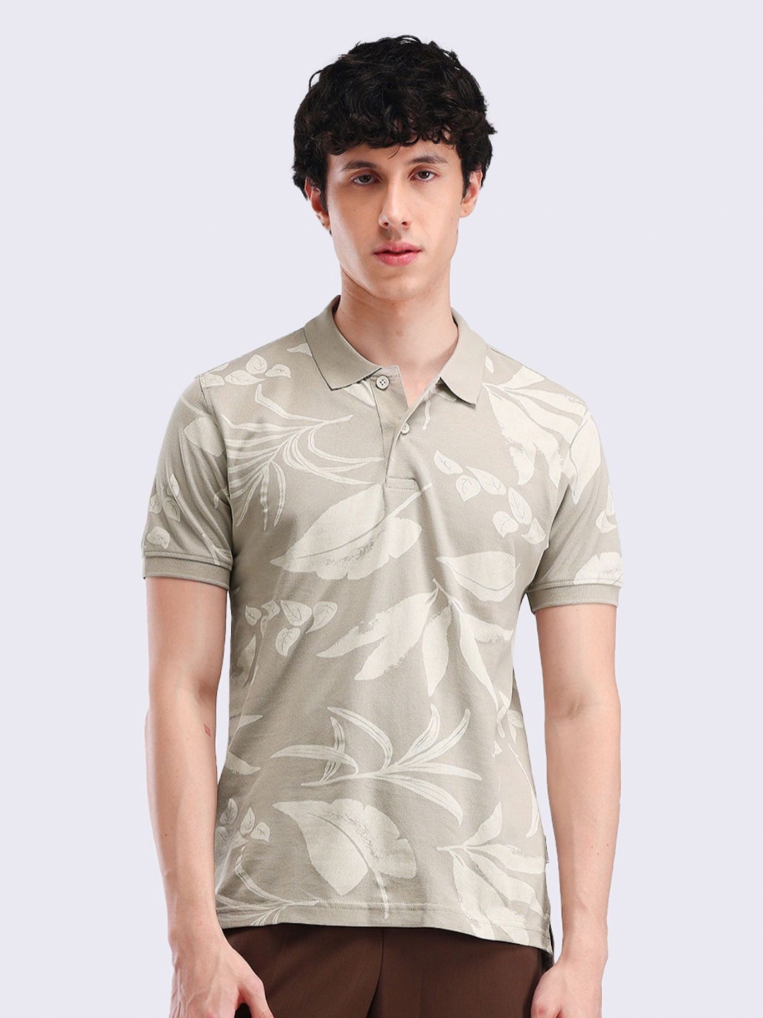

Flying Machine Men Floral Printed Polo Collar Cotton T-shirt, Brown