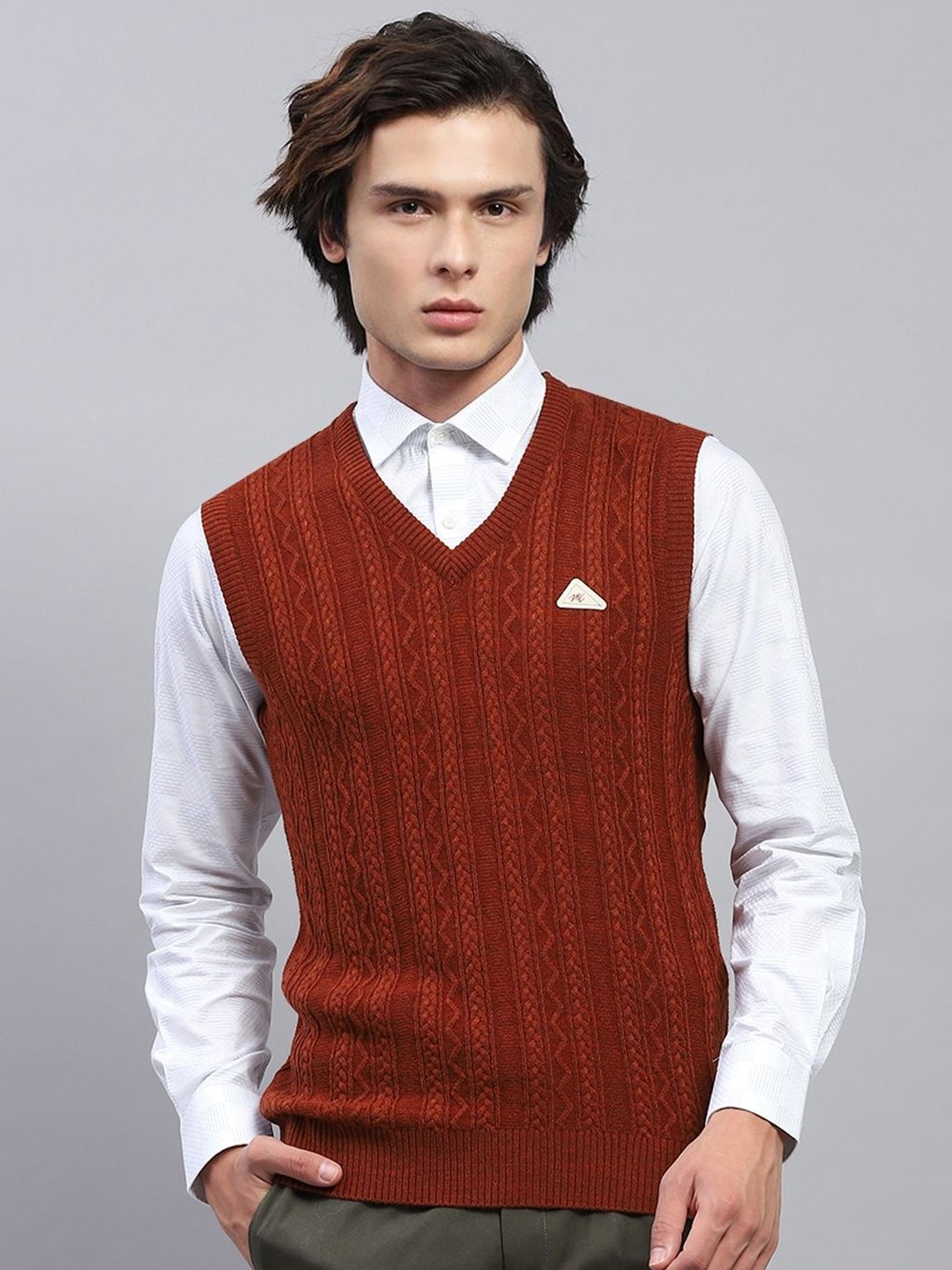 

Monte Carlo Men Cable Knit Woollen Sweater Vest, Rust