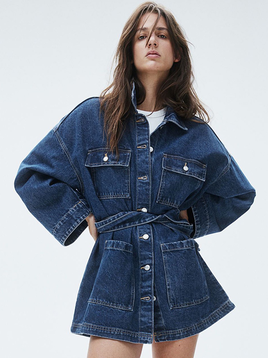 

H&M Women Tie-Belt Denim Jacket, Blue