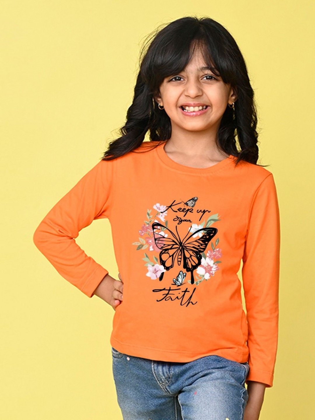

NUSYL Girls Graphic Printed Round Neck Cotton T-shirt, Orange