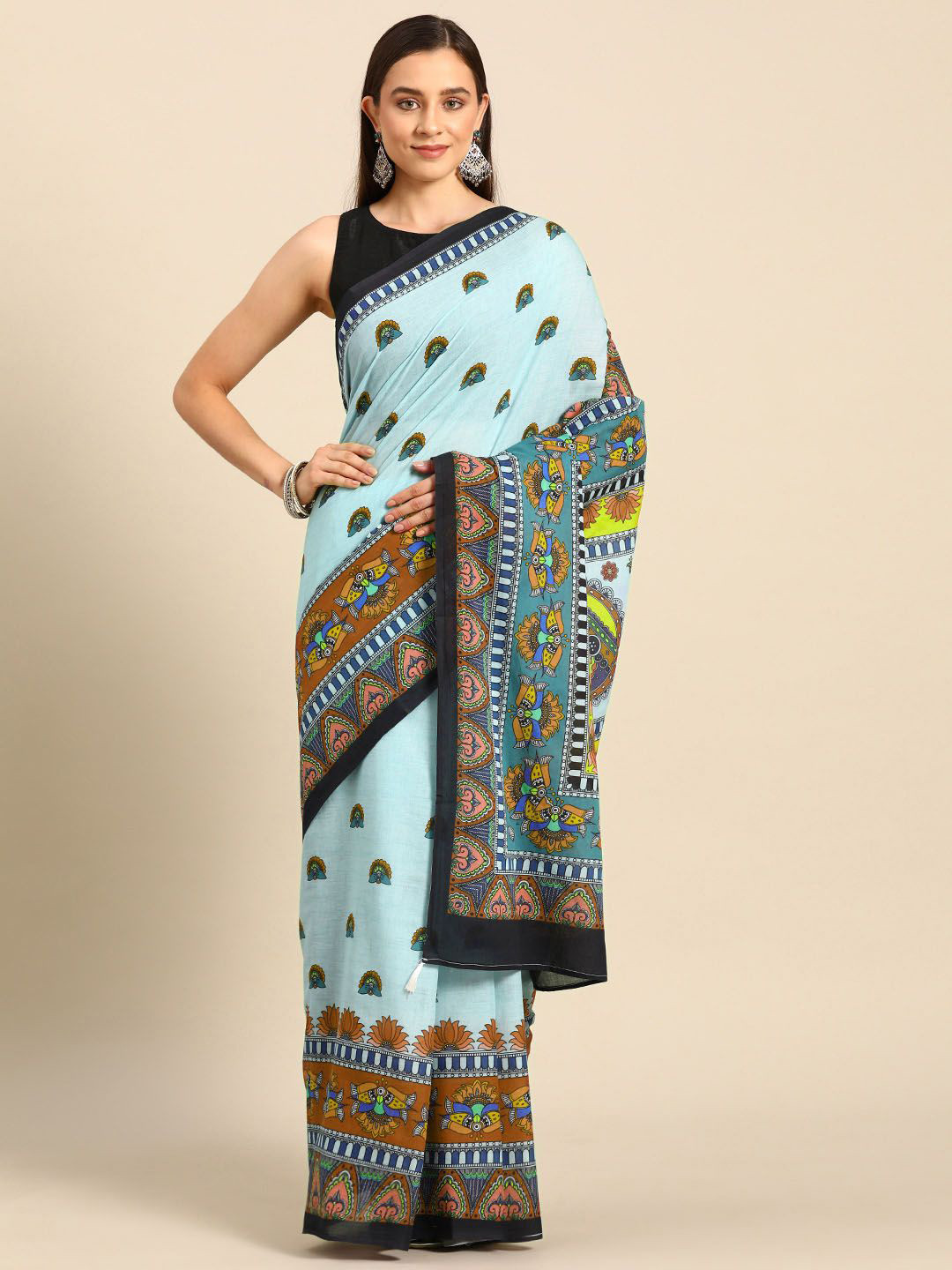 

BUTA BUTI Pure Cotton Abstract Printed Saree, Blue