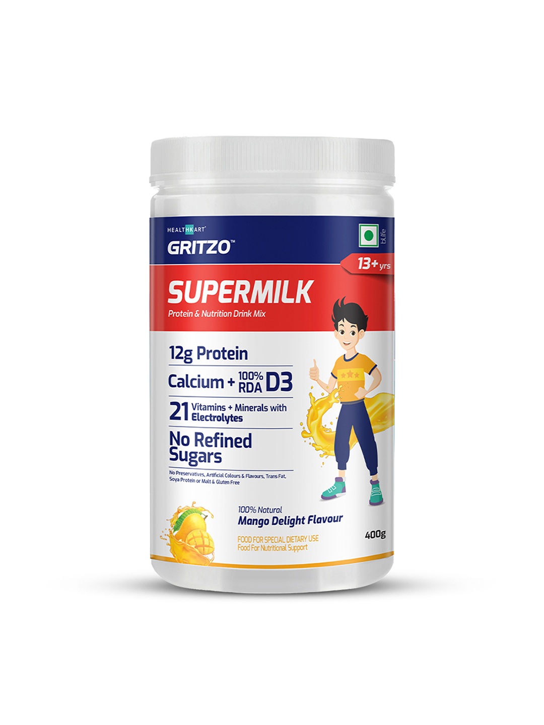 

Gritzo Kids-Unisex SuperMilk Daily Nutrition 13+y-12g Protein-Mango Delight-400g, White