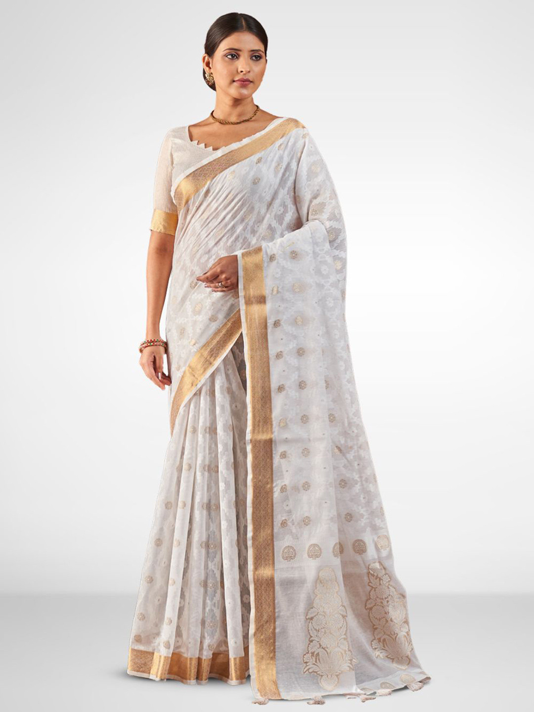 

SARHA Woven Design Zari Pure Cotton Saree, White