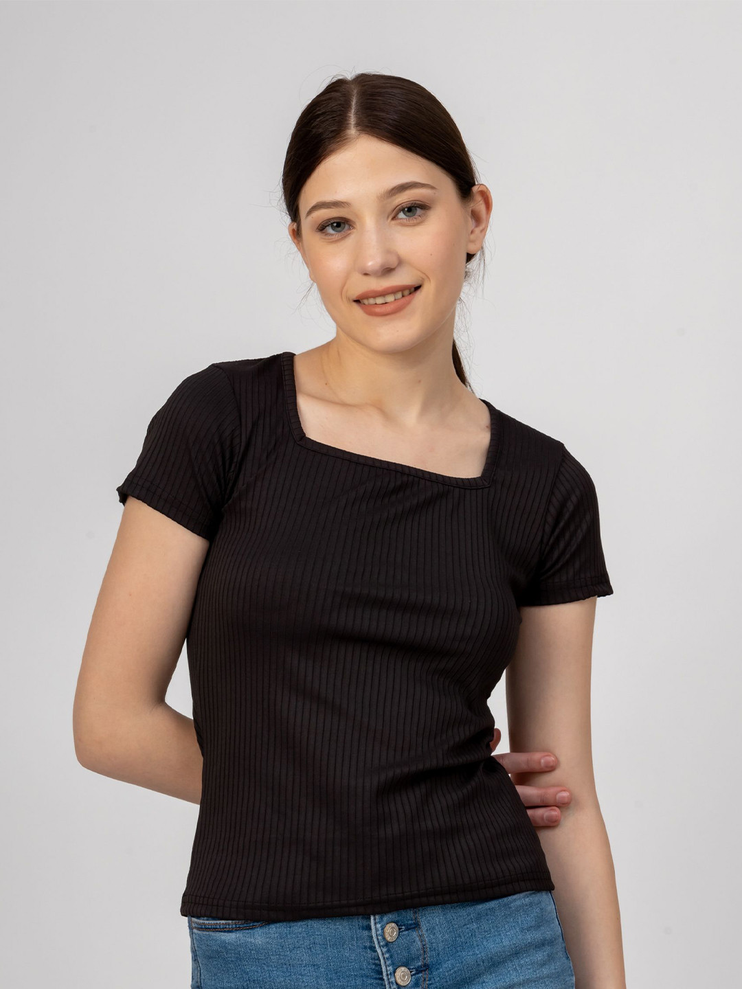 

Redamancii Women Vertical Striped Square Neck Polycotton Top, Black