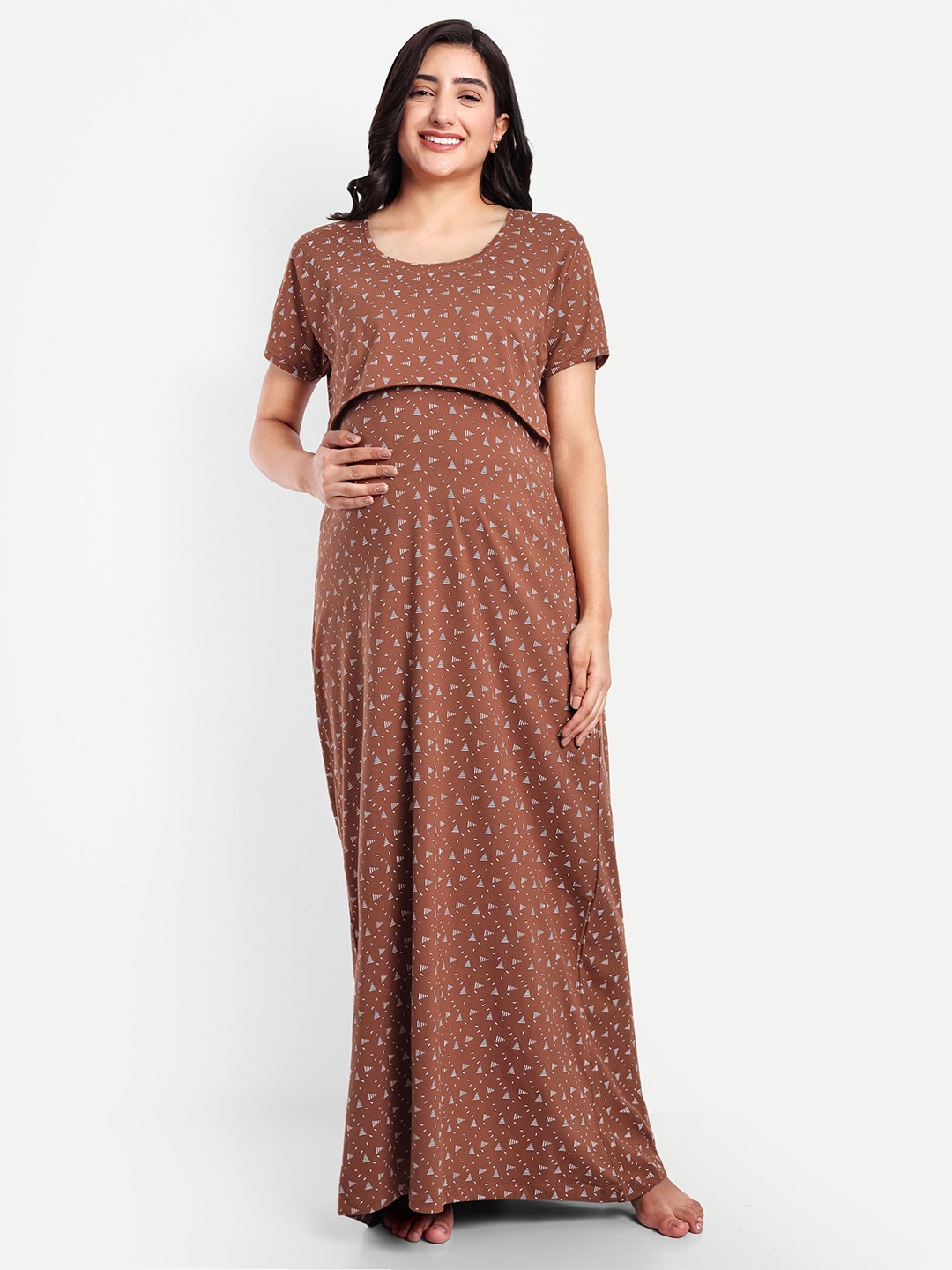 

THE MAMA KLUB Women Pure Cotton Printed Maternity Maxi Nightdress, Brown