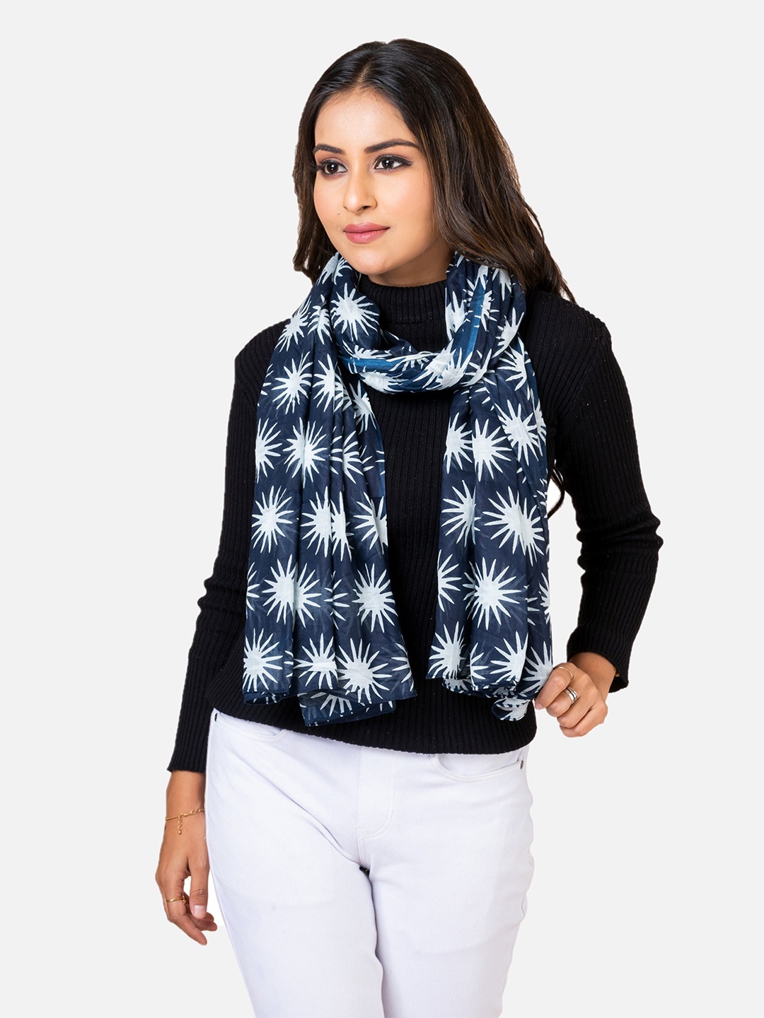 

AQVA Women Printed Cotton Scarf, Navy blue