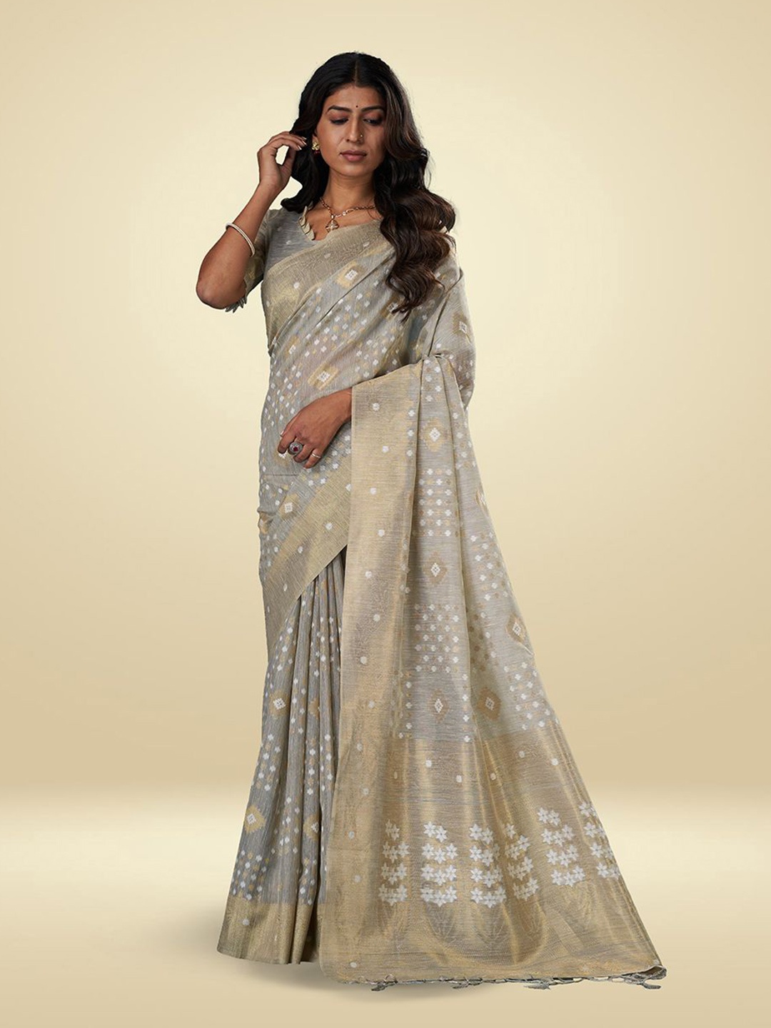 

SARHA Geometric Woven Design Pure Cotton Zari Saree, Grey