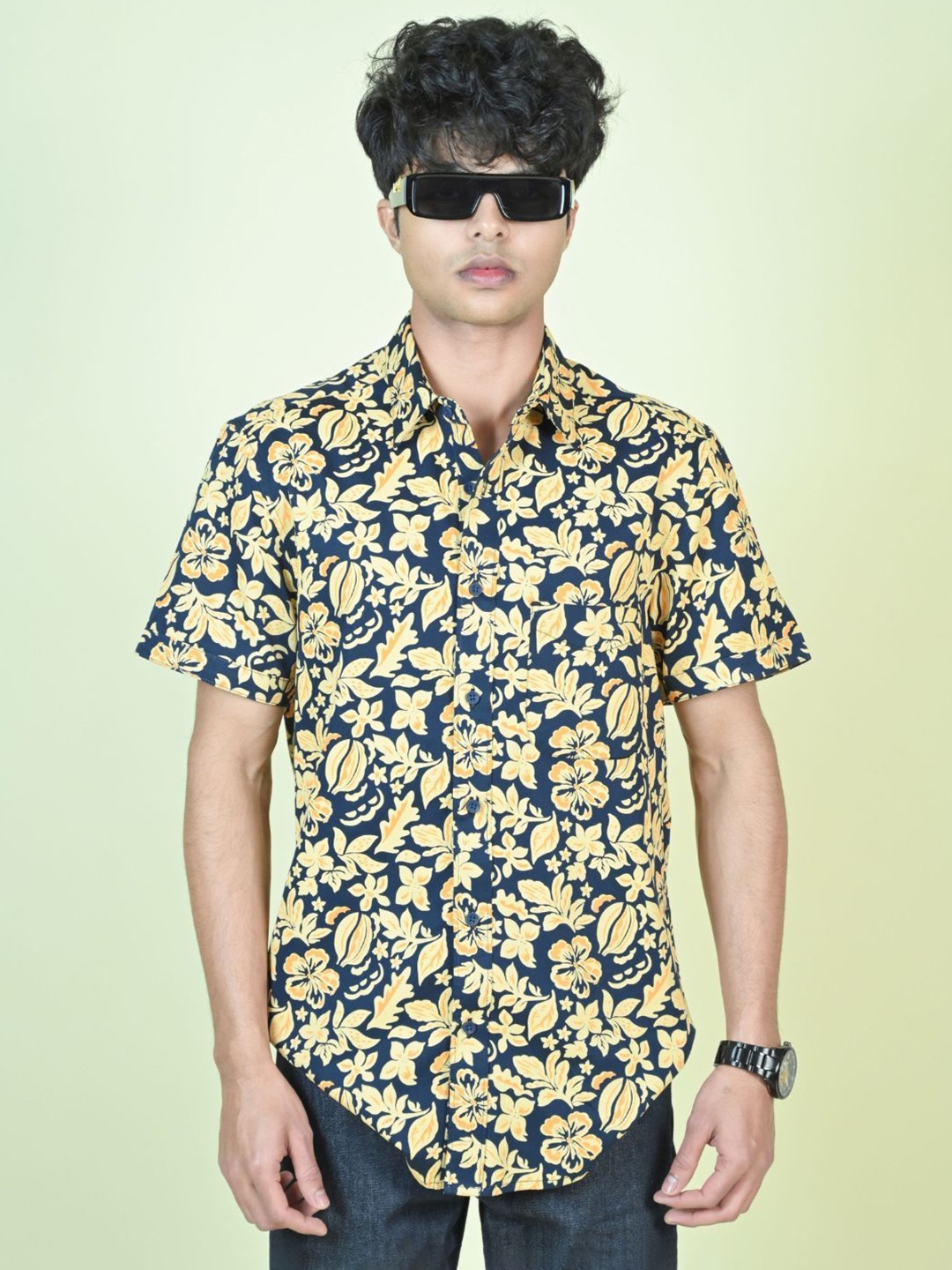 

MARC JOBBS Men Comfort Spread Collar Floral Printed Cotton Casual Shirt, Navy blue