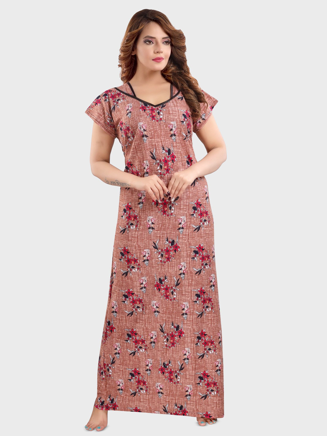 

Fabme Women Floral Printed Maxi Nightdress, Brown