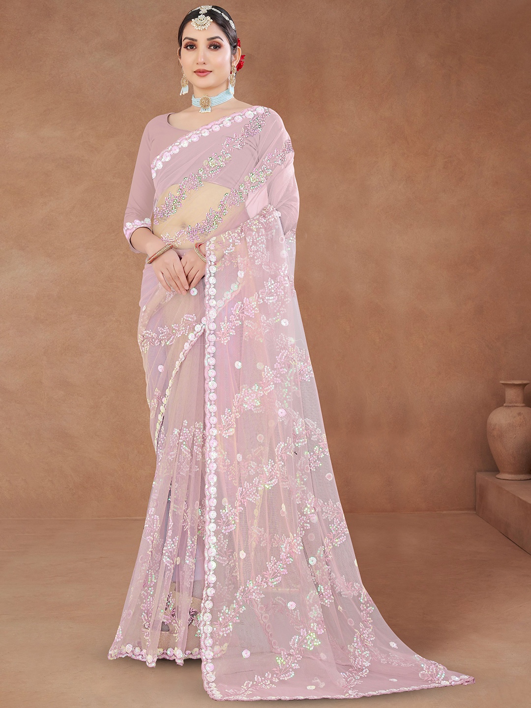 

Sanwariya Silk Embellished with Beads and Stones Net Maheshwari Saree, Pink