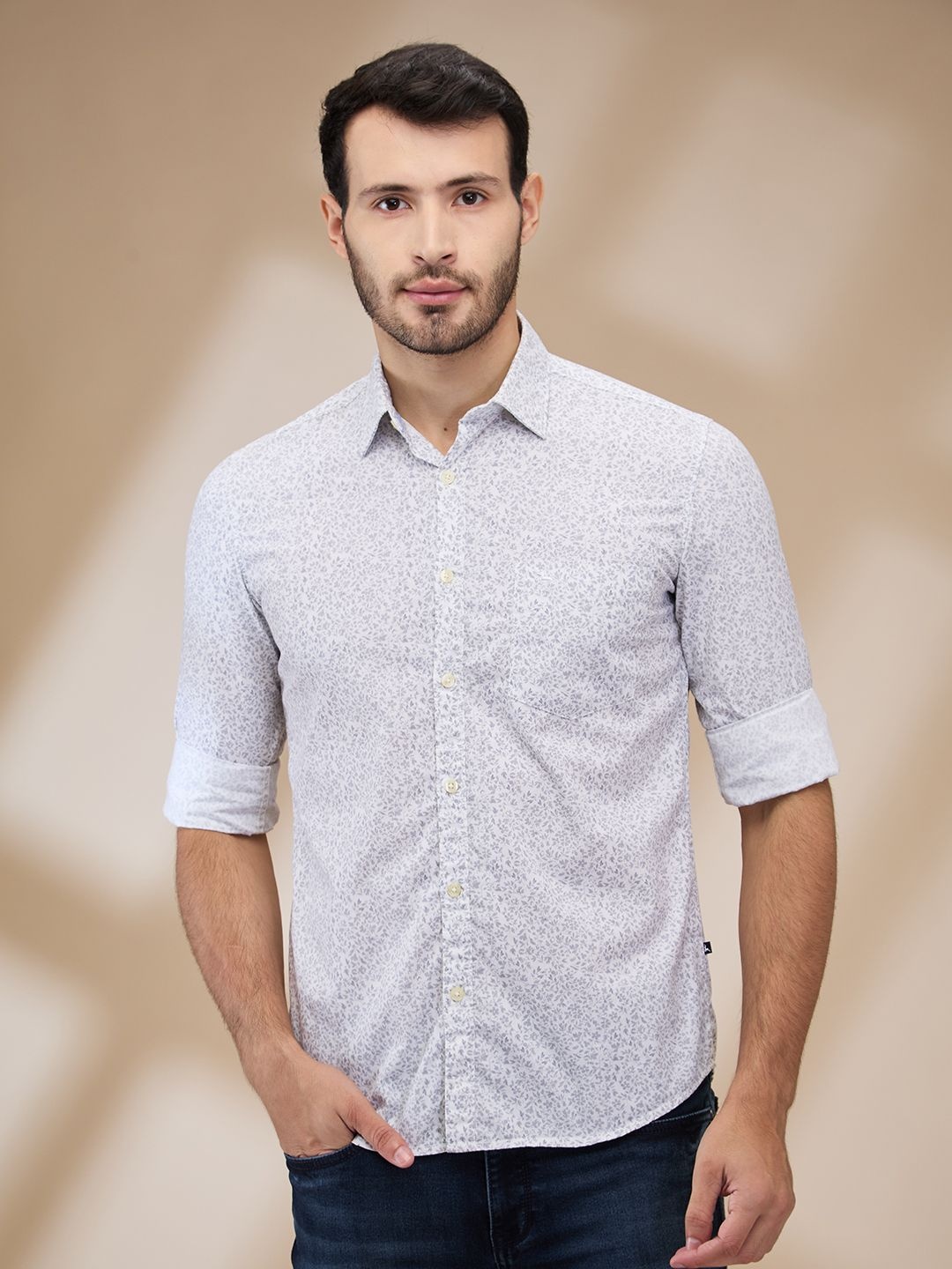 

Parx Men Spread Collar Micro Ditsy Printed Cotton Slim Fit Casual Shirt, Grey