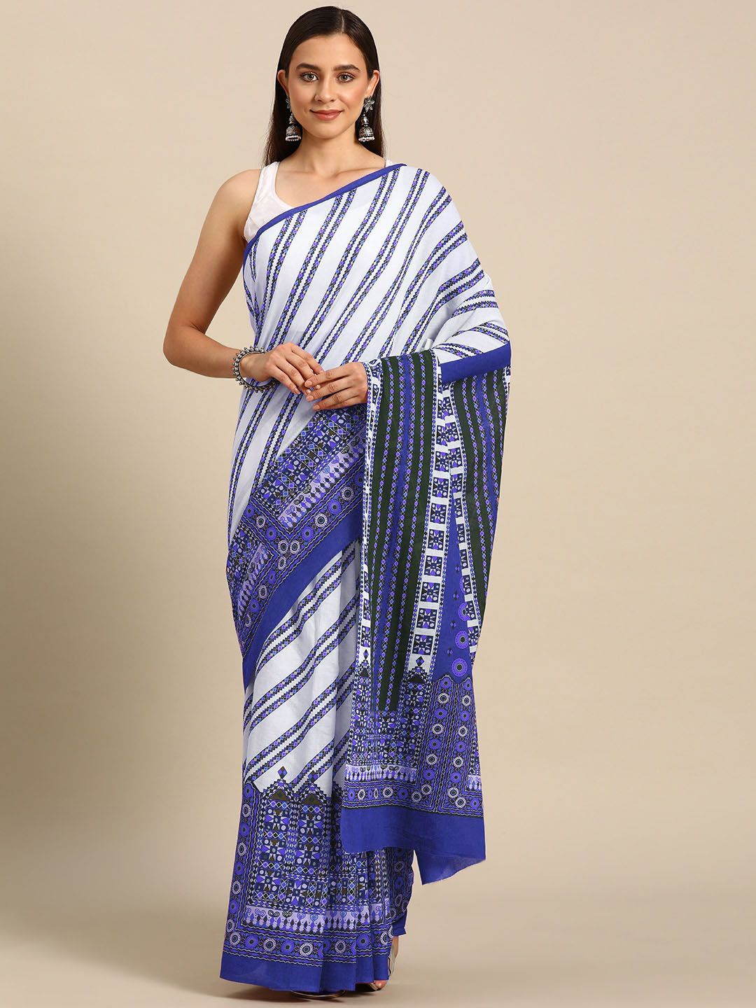 

BUTA BUTI Striped Printed Pure Cotton Saree, Blue