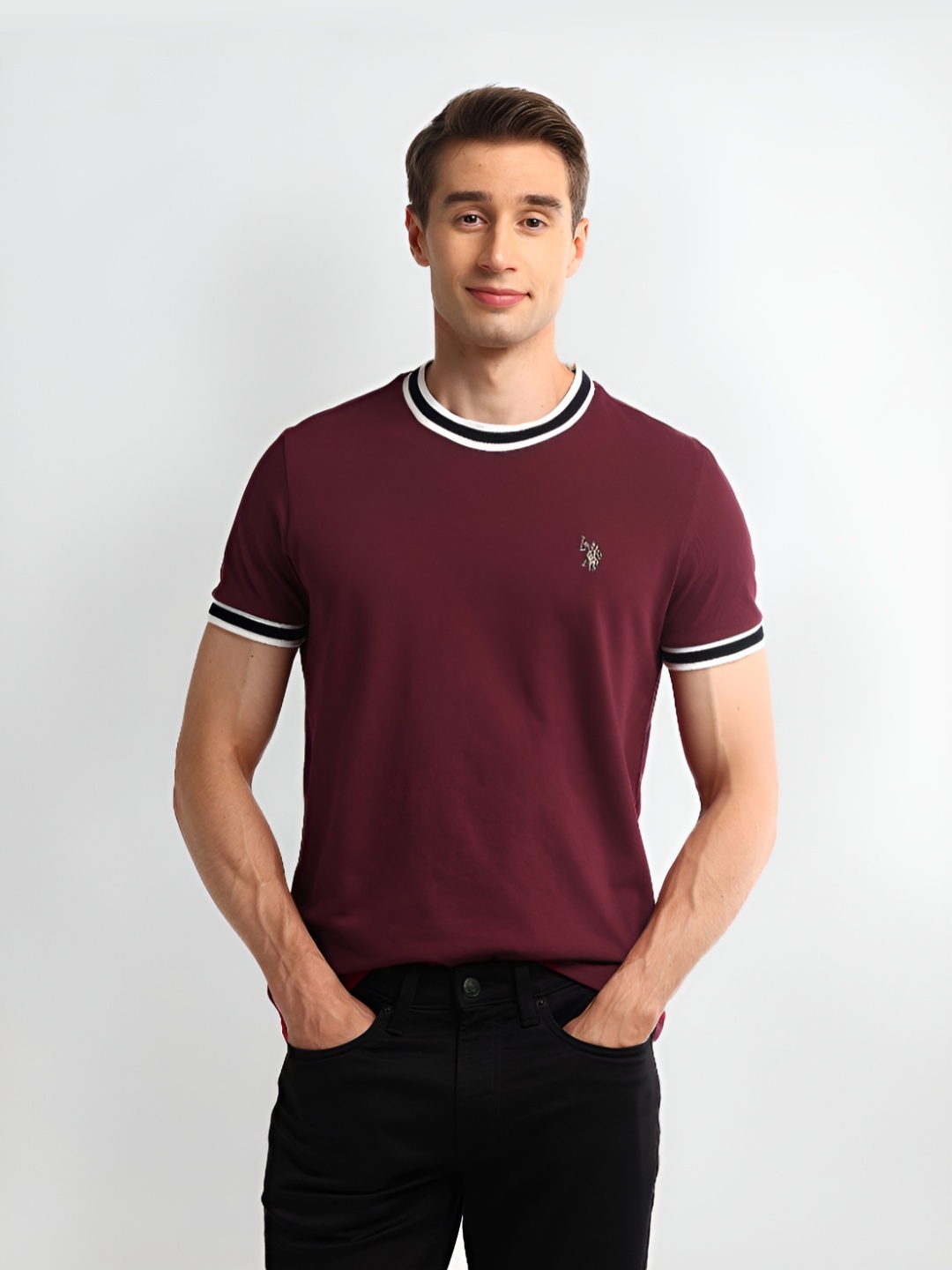 

U.S. Polo Assn. Denim Co. Men Solid Round Neck Cotton Slim Fit T-shirt, Maroon