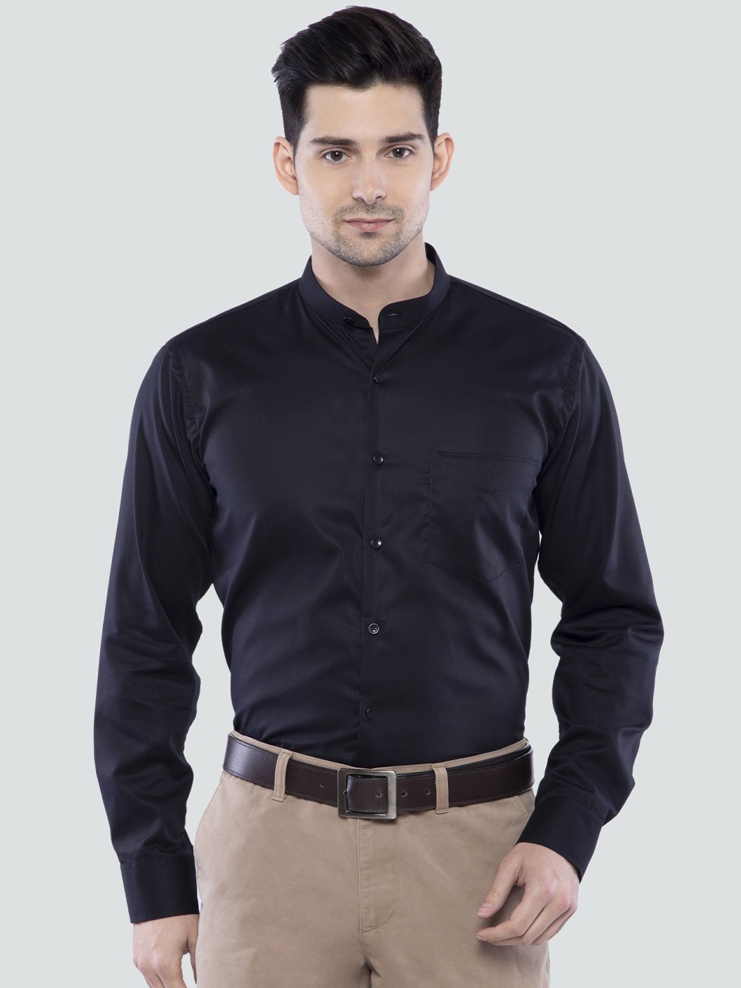 

ASCIIBLUES Men Mandarin Collar Solid Cotton Casual Shirt, Black