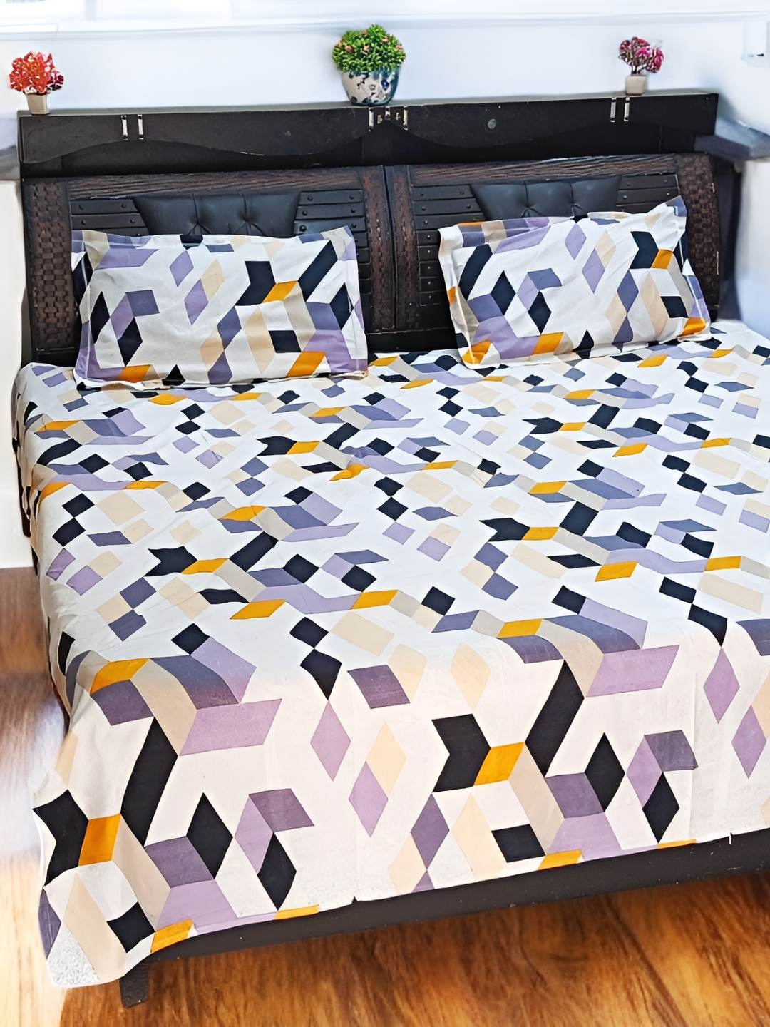 

V.R.ENTERPRISES White Geometric Printed 210 TC Cotton Queen Bedsheet with 2 Pillow Covers