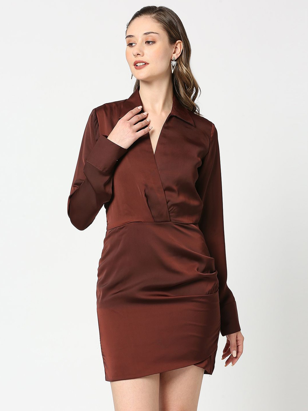

Ammarzo Shirt Collar Long Sleeves Satin Mini Sheath Dress, Brown