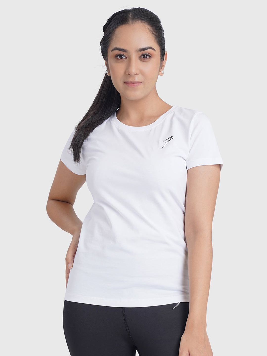 

FUAARK Women Stretchex Solid Round Neck Cotton Slim Fit T-shirt, White