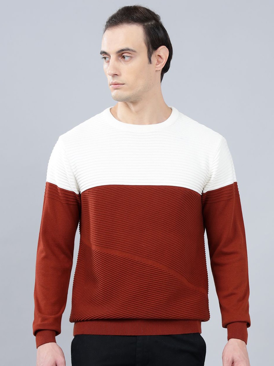 

Cantabil Men Cotton Colourblocked Pullover Sweater, Rust