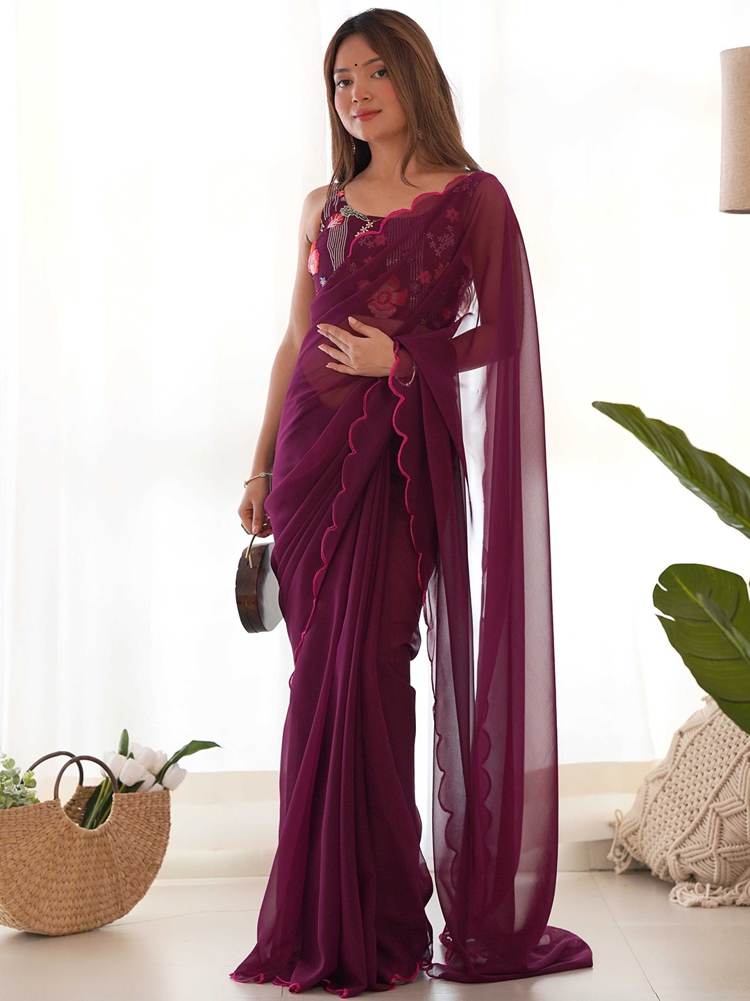 

Panzora Solid Poly Georgette Saree, Purple