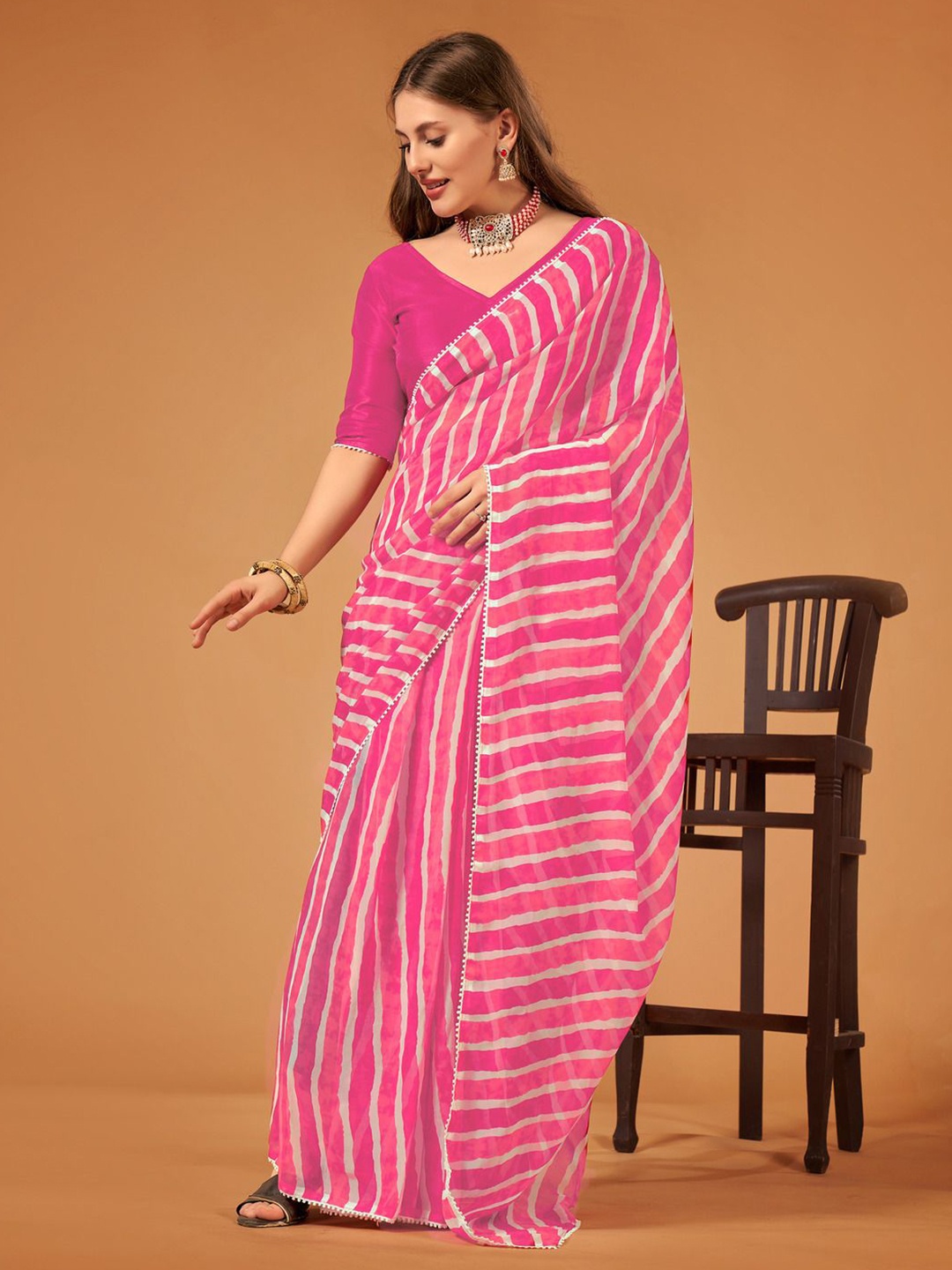 

SM TRENDZ Leheriya Gotta Patti Pure Georgette Ready to Wear Leheriya Saree, Pink