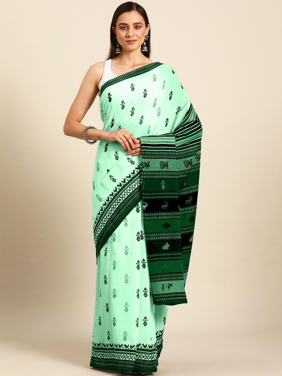 

BUTA BUTI Floral Pure Cotton Printed Saree, Green