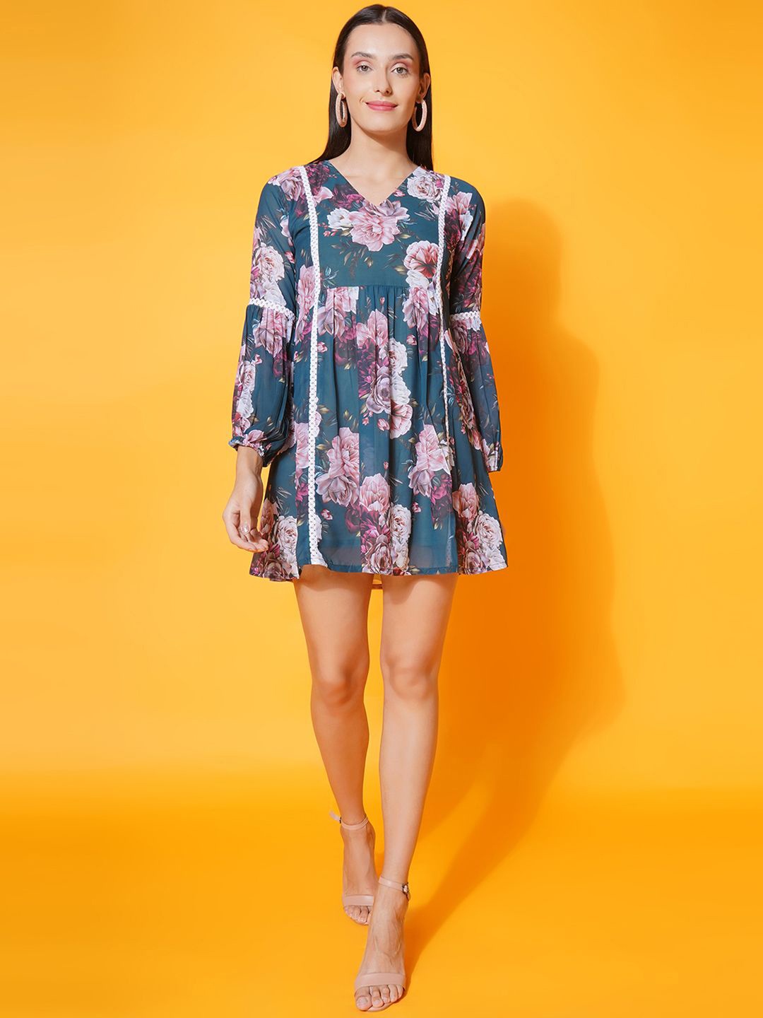 

KATLINE Floral Printed Georgette A-Line Mini Dress, Blue