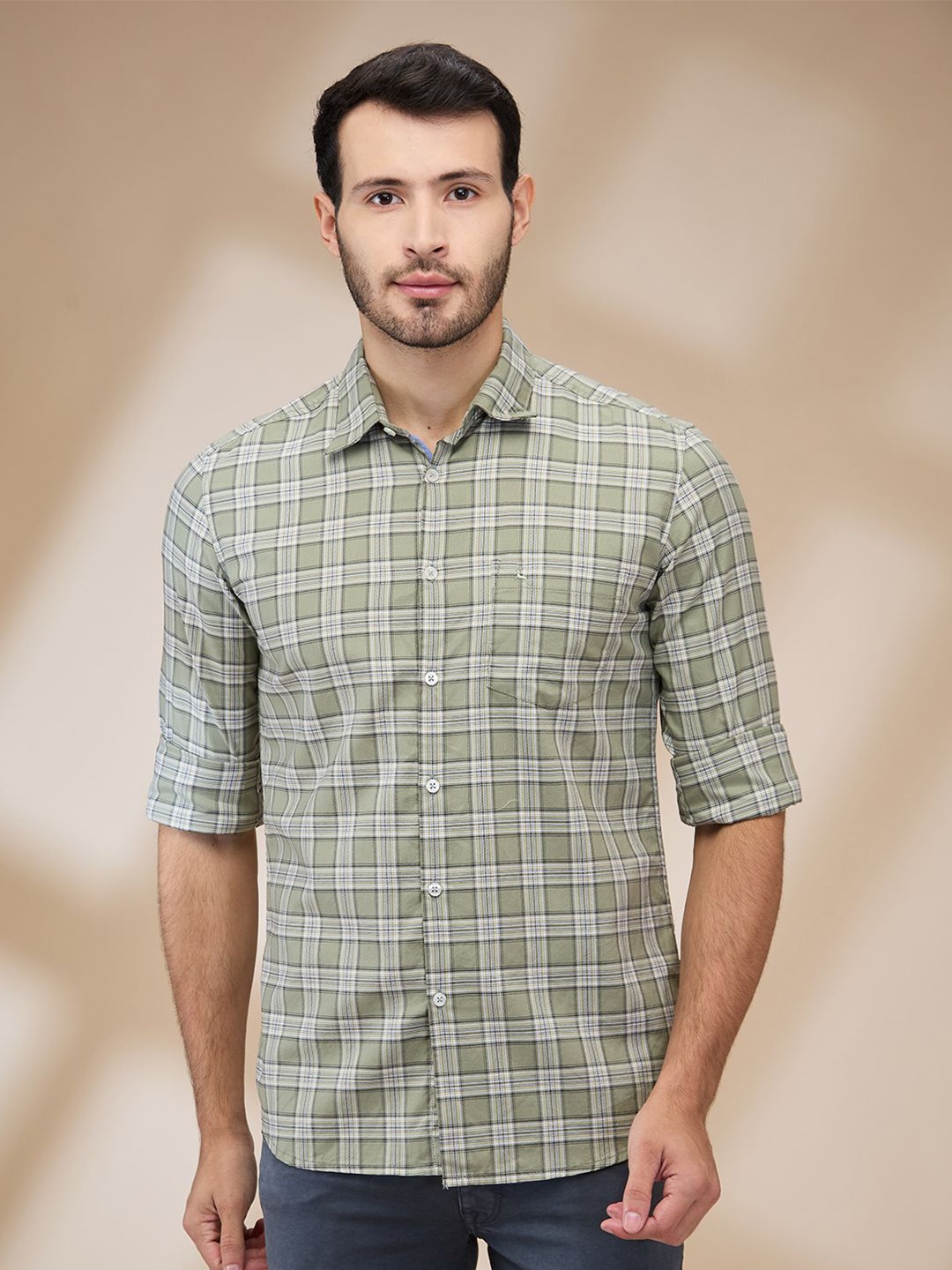 

Parx Men Spread Collar Tartan Checked Cotton Slim Fit Casual Shirt, Green