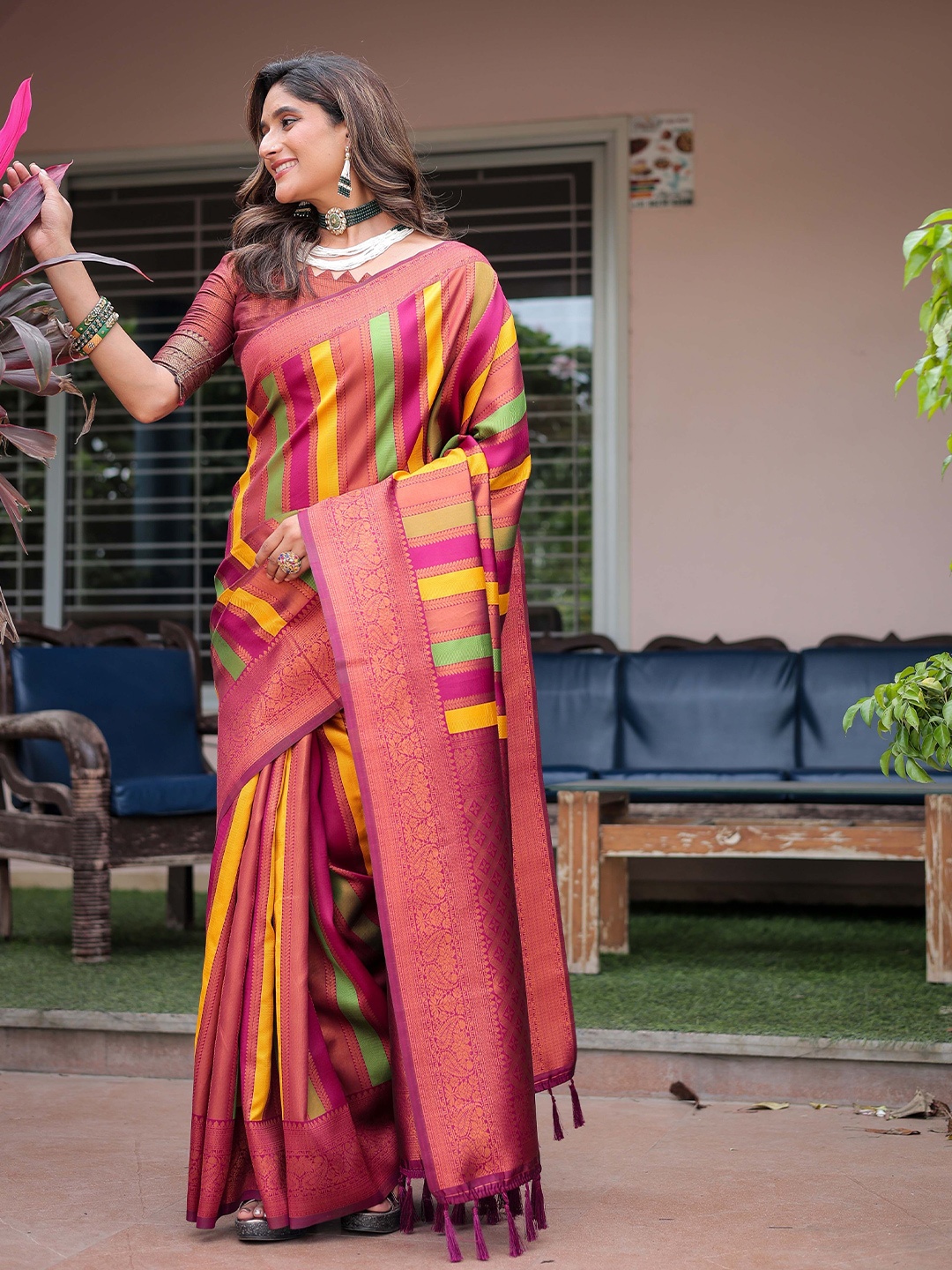 

Mitera Striped Zari Kanjeevaram Saree, Purple