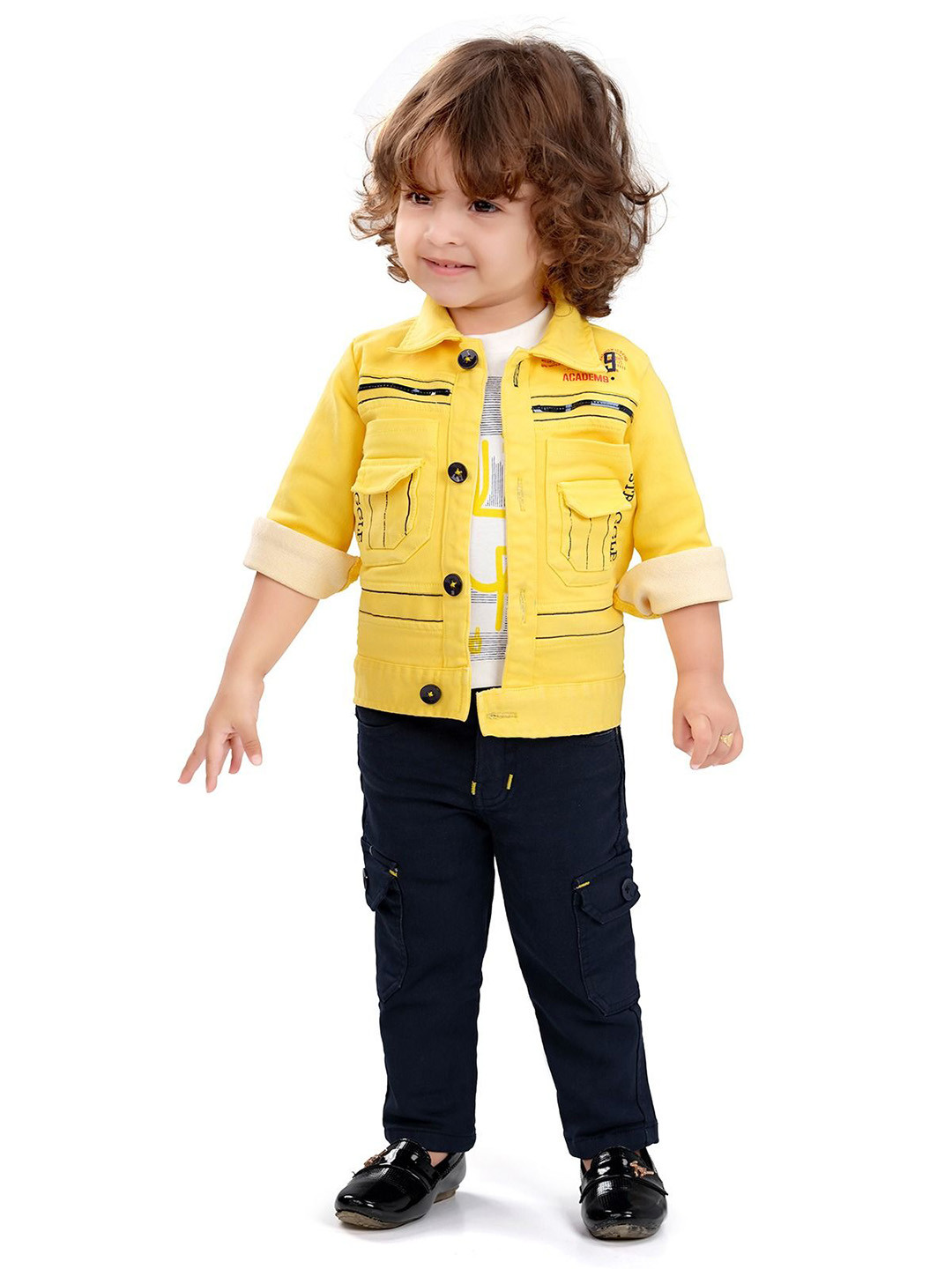 

BAESD Boys Printed Shirt Collar Long Sleeves T-Shirt and Shirt with Trouser, Mustard